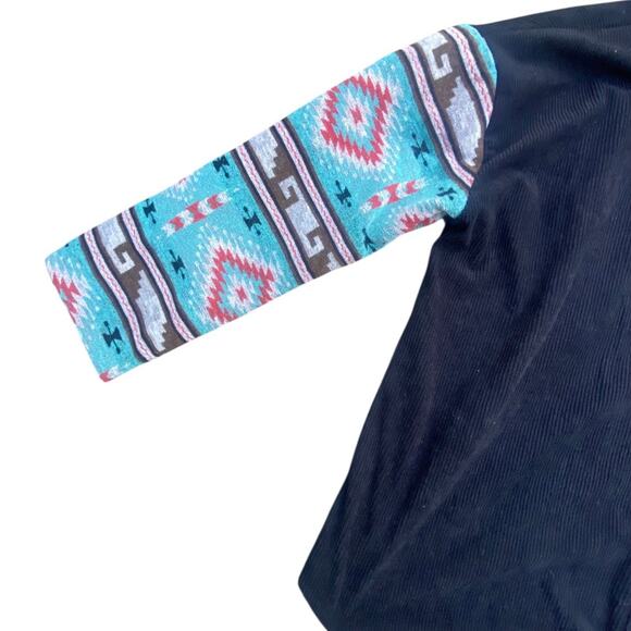 Ceelo Creation Women’s M Black Corduroy Button Up Jacket Aztec Print Sleeves - Picture 2 of 8